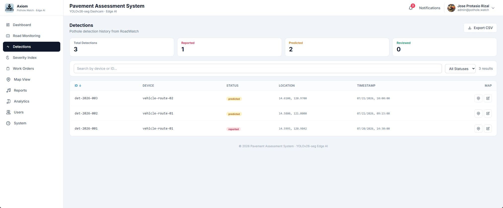 PotholeWatch - Pavement Assessment Dashboard screenshot